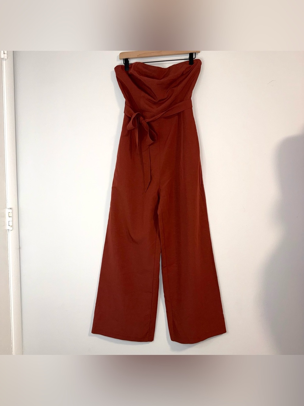 Willow Strapless Tie-Waist Wide-Leg Jumpsuit in Burnt Orange